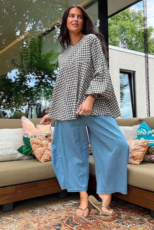 Nonni Gingham Bell Sleeve Peasant Blouse Chocolate